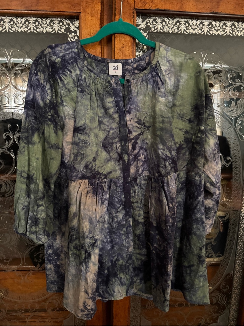 CAbi Tie-Dye Peasant Tunic in Navy, Green & Cream